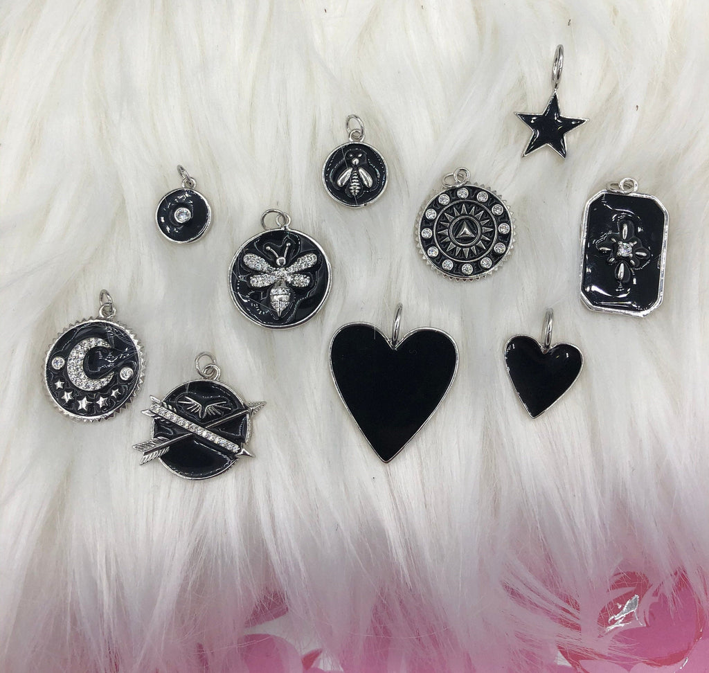 Black Enamel Charms CZ Micro PAVE Charm Pendant BRASS. Silver plating. Star, Heart, Moon, Bee, Compass, Arrow. 10 to choose from. Fast Ship Bling by A