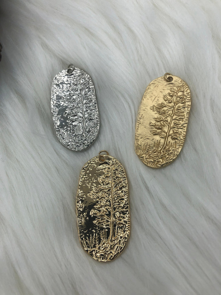 High Quality Brass Sequoia Tree Medallion, Tree/Pendant, Gold plating, Rhodium or Matte Gold, 42mmx 22mm, 3 Finishes. Fast Ship