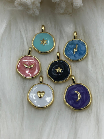 Coin Shape Enamel Charms  Pendant BRASS.  Star, Heart, Moon, Wing, Lightening . 6 to choose from. Enamel and gold coin 14mm.  Fast Ship Bling by A