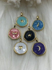 Coin Shape Enamel Charms  Pendant BRASS.  Star, Heart, Moon, Wing, Lightening . 6 to choose from. Enamel and gold coin 14mm.  Fast Ship