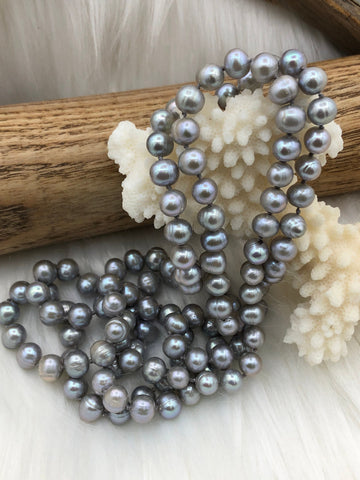 34'' AA 7mm Gray near Round Natural Freshwater Pearl Necklace, Hand Knotted, High Luster Freshwater Pearl, Fast Shipping