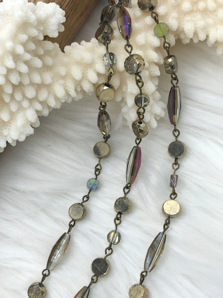 Faceted Crystal AB Gold Iridescent Diamond and Flat Round Gold mixed shape Rosary, Glass Beads,Beaded Chain Bronze Pin by the Foot Fast Ship