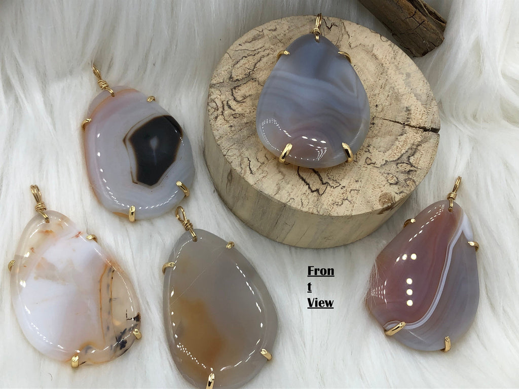 Mixed Color Agate Pendant with Brass Gold or Silver Wire Wrapped Bezel Natural Stone , Variety of Sizes and Colors.Stone Pendant Fast Ship