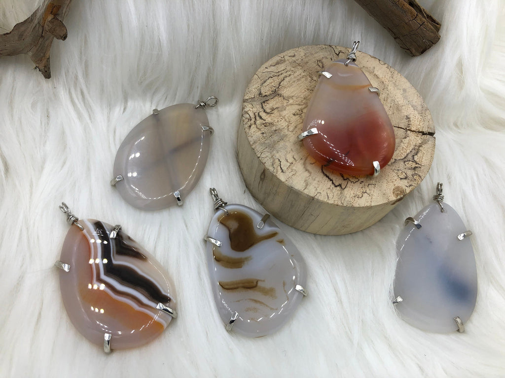 Mixed Color Agate Pendant with Brass Gold or Silver Wire Wrapped Bezel Natural Stone , Variety of Sizes and Colors.Stone Pendant Fast Ship