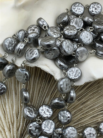 Vintage Porcelain Glass Pearl Freshwater Coin Shape Replica Beaded Chain, 10.5mm Rosary Chain, Gray, Silver pin by the Foot Fast Shipping