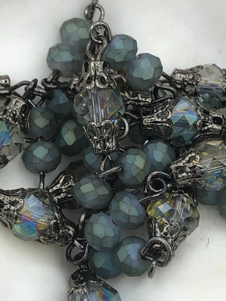 Mixed Crystal W/Decorative Caps Clear Iridescent and Gray Blue Rosary Chain, Round & Rondelle mix 8mm and 6mm Gunmetal cap/pin By the foot