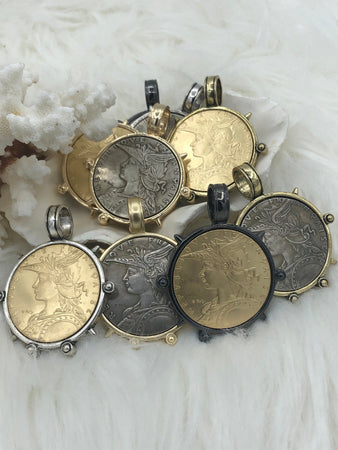Reproduction French Madagascar Medal Coin Pendant, Coin Bezel, French coin, Art Deco Coin, Gold or Silver, 5 bezel colors. Fast Ship