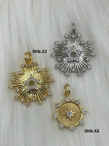 CZ Micro PAVE Gold Medallion, Charm, Radial Five Star Charm, Star Charm, Star Pendant, 20mm, Brass, Gold or silver Fast Ship