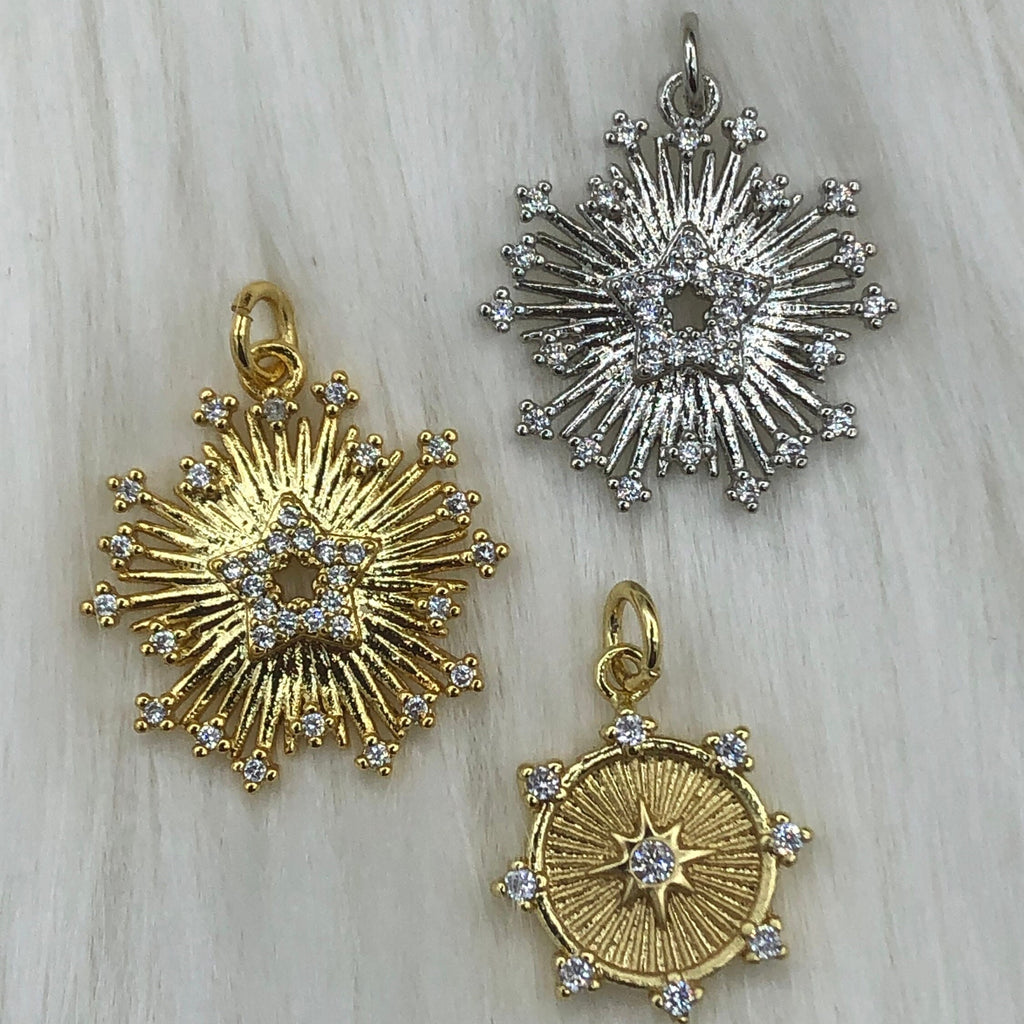 CZ Micro PAVE Gold Medallion, Charm, Radial Five Star Charm, Star Charm, Star Pendant, 20mm, Brass, Gold or silver Fast Ship