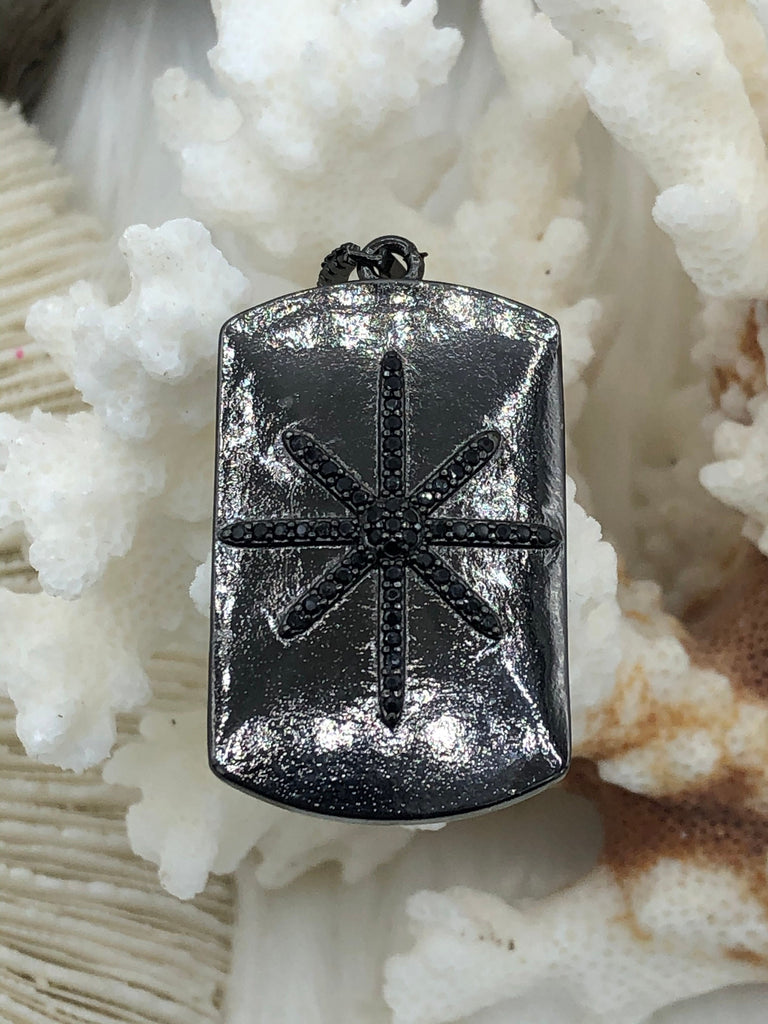 CZ Micro PAVE Charm Pendant BRASS Tag Star, Small Tag Star, North Star On Dog Tag Pendant, Cubic Zirconia Rectangle Pendant, Fast Ship