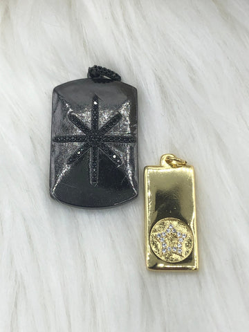 CZ Micro PAVE Charm Pendant BRASS Tag Star, Small Tag Star, North Star On Dog Tag Pendant, Cubic Zirconia Rectangle Pendant, Fast Ship