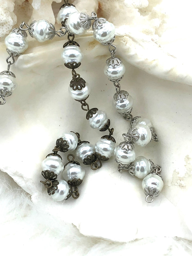 Vintage Porcelain Glass Pearl Freshwater Replica Beaded Chain,9mm Rosary Chain,White or Rose Dust.High Luster.Sold by the Foot Fast Shipping