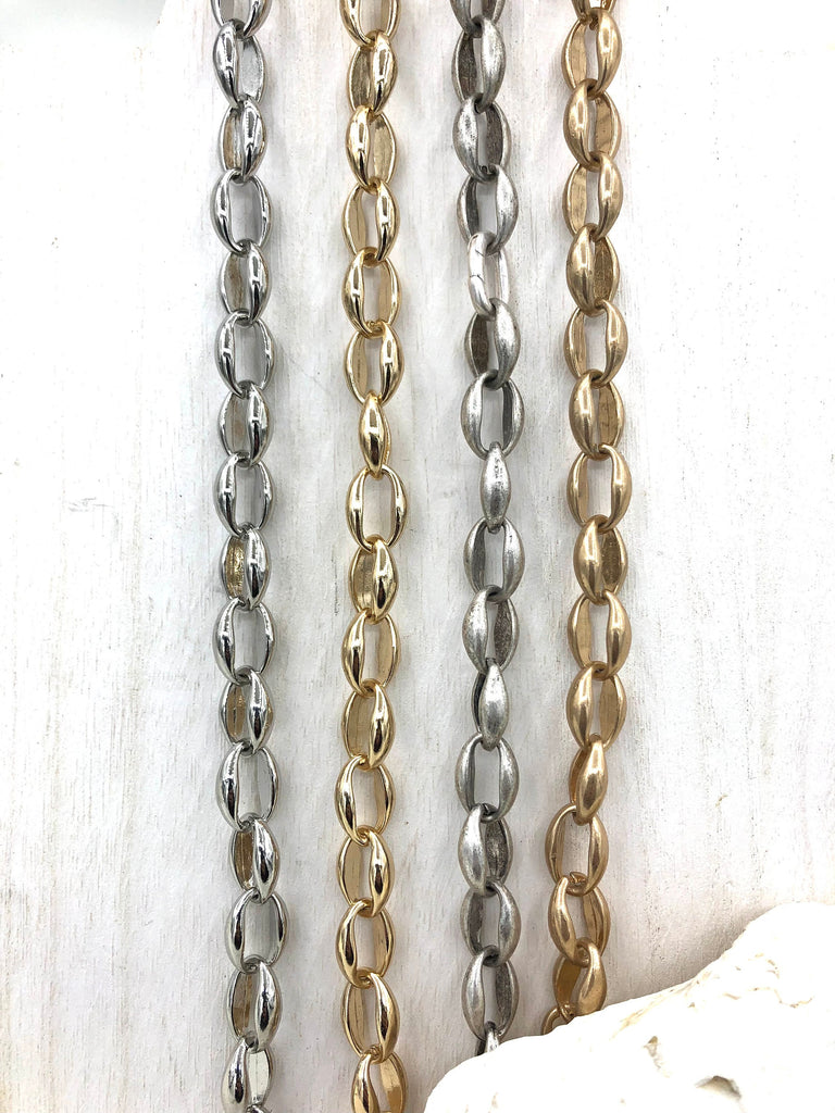 Chunky Cable Rolo Chain Oval sold by the foot. 16mm x 3.75mm. Electroplated Zinc Alloy, 5 finishes available. Fast ship