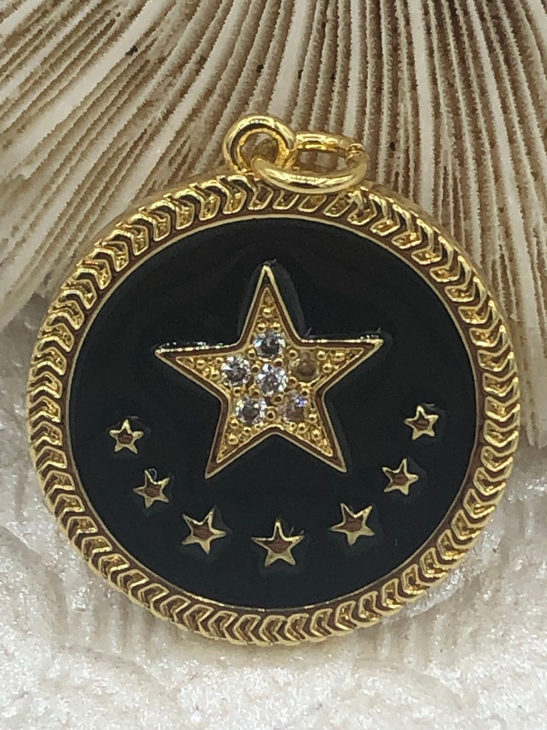 CZ Micro Pave Enamel 8 Star On Round Coin Enamel Pendant Charm Pendant BRASS 4 Colors from the menu.24x22mm Fast Shipping Bling by A