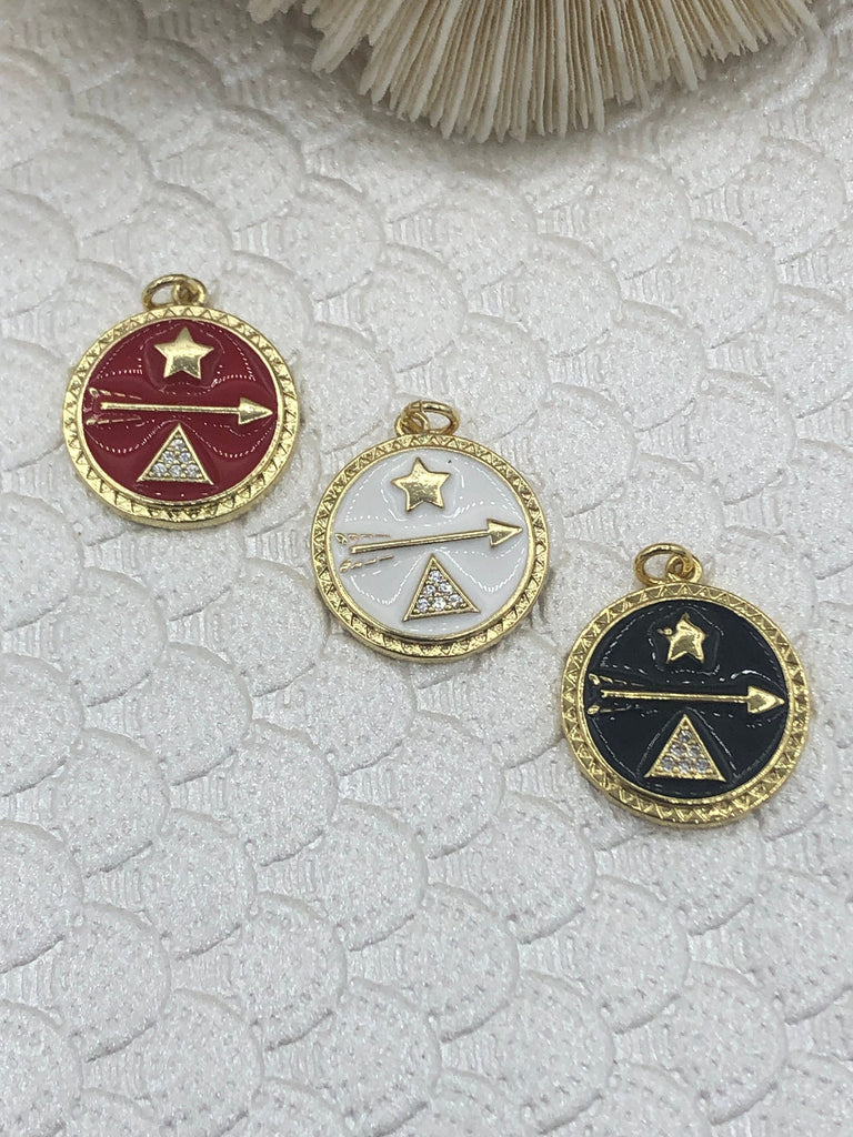 Enamel CZ Pave Star Arrow Triangle On Coin Pendant, Gold Enamel Round Pendant, Pave Enamel 3 Colors from the menu. 20mm x 23mm Fast Shipping Bling by A