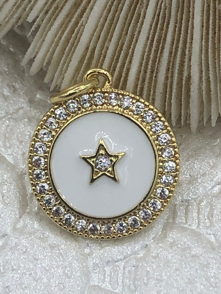 Enamel Five Point Star On Coin Pendant, CZ Micro Pave pendant, Enamel Pendant -Charm 2 Colors from the menu. 14mm x 16mm Fast Shipping Bling by A