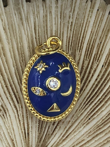 Enamel Oval Pendant With Crescent Moon, North Star, CZ, Pyramid, Eye and Crown Gold Enamel Pendant, Blue or white. 16mm x 11mm Fast Ship