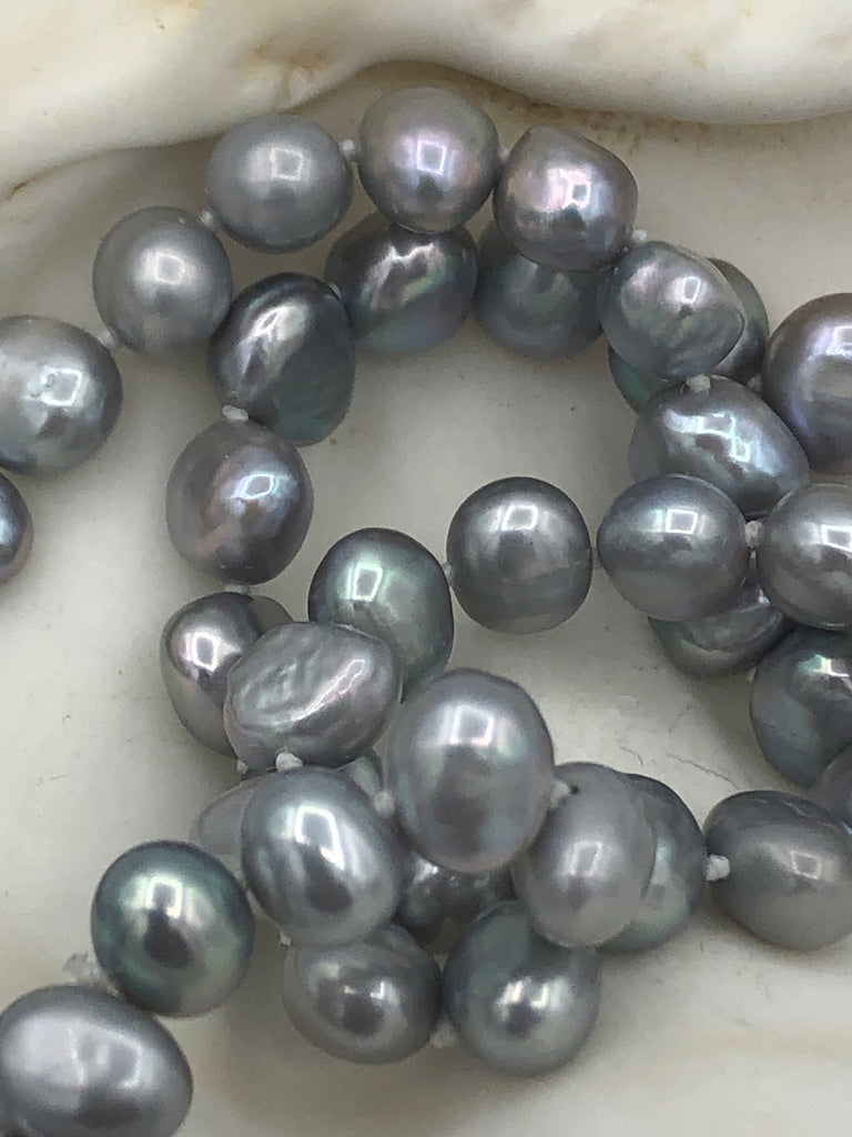 18'' AAA 8mm Gray Nugget Natural Freshwater Pearl Necklace, Silver Heart Clasp, Hand Knotted, High Luster Freshwater Pearl, Fast Shipping
