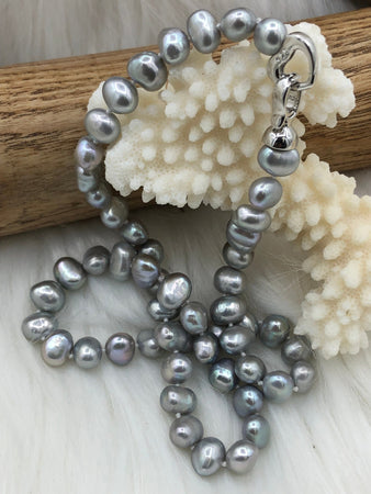 18'' AAA 8mm Gray Nugget Natural Freshwater Pearl Necklace, Silver Heart Clasp, Hand Knotted, High Luster Freshwater Pearl, Fast Shipping