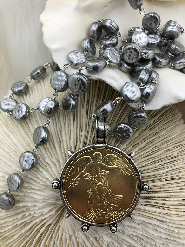 Vintage Porcelain Glass Pearl Freshwater Coin Shape Replica Beaded Chain, 10.5mm Rosary Chain, Gray, Silver pin by the Foot Fast Shipping