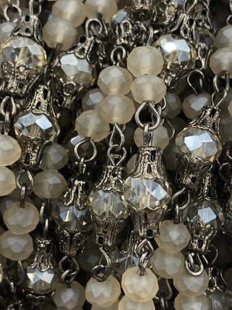 Mixed Crystal W/Decorative Caps Clear and Beige Rosary Chain, Round & Rondelle mix.Mixed 8mm and 6mm with Gunmetal cap and pin, by the foot