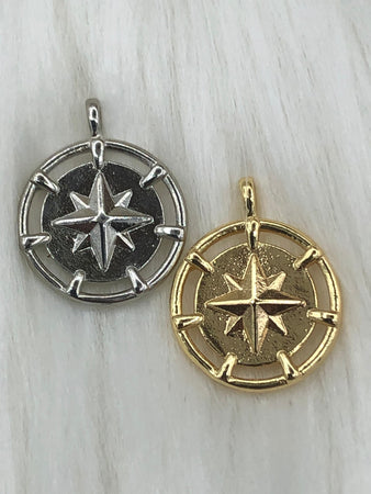 BRASS Compass Charms, North Star Compass Coin Pendant/Charm,Star Gold & Silver Charm Pendants, Star Compass Charm  Fast Shipping