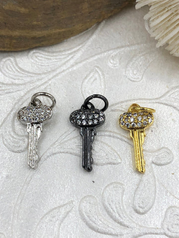 CZ Micro Pave BRASS Keys Gold Charm Pendants, Several Styles and Sizes to choose from , Pick Choice 1-3 Fast Ship