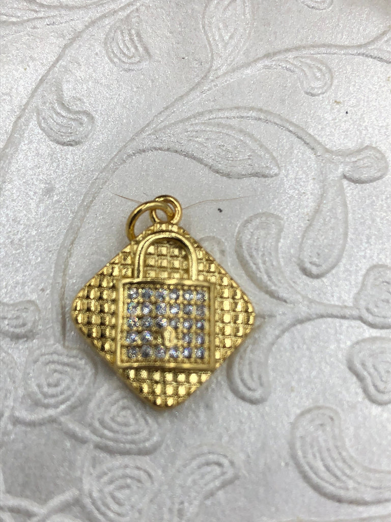 Micro Pave LOCK Pendant Brass Gold plated Color Charm Pendants, Several Styles and Sizes to choose from , Pick Choice 1-3 Fast Ship