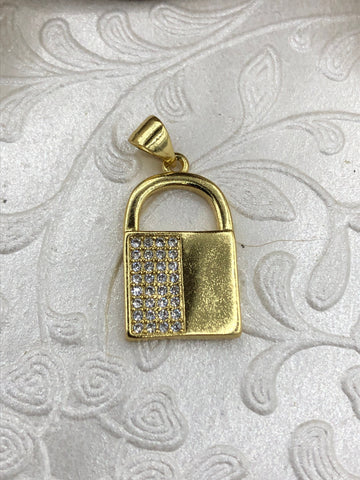 Micro Pave LOCK Pendant Brass Gold plated Color Charm Pendants, Several Styles and Sizes to choose from , Pick Choice 1-3 Fast Ship