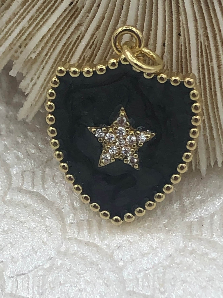 Enamel on Brass Micro Pave CZ Star On Enamel Shield Shape Pendant -Charm 3 Colors from the menu. 23mm x 18mm Fast Shipping Bling by A
