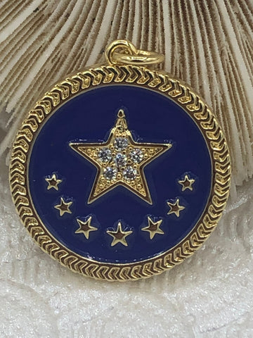CZ Micro Pave Enamel 8 Star On Round Coin Enamel Pendant Charm Pendant BRASS 4 Colors from the menu.24x22mm Fast Shipping Bling by A