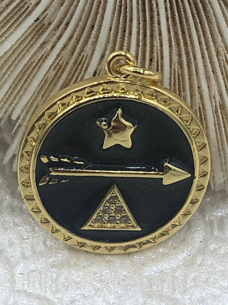 Enamel CZ Pave Star Arrow Triangle On Coin Pendant, Gold Enamel Round Pendant, Pave Enamel 3 Colors from the menu. 20mm x 23mm Fast Shipping Bling by A