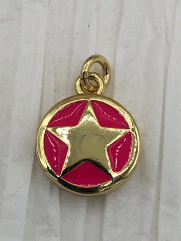 Gold Five Point Star On Colorful Enamel, Round Coin Enamel Pendant Charm Pendant BRASS, Enamel Charm, Choose from the menu. Fast Shipping Bling by A