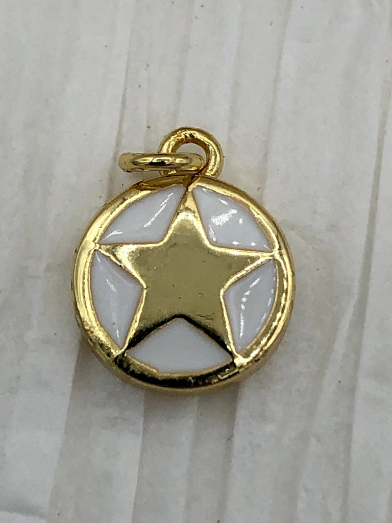 Gold Five Point Star On Colorful Enamel, Round Coin Enamel Pendant Charm Pendant BRASS, Enamel Charm, Choose from the menu. Fast Shipping Bling by A