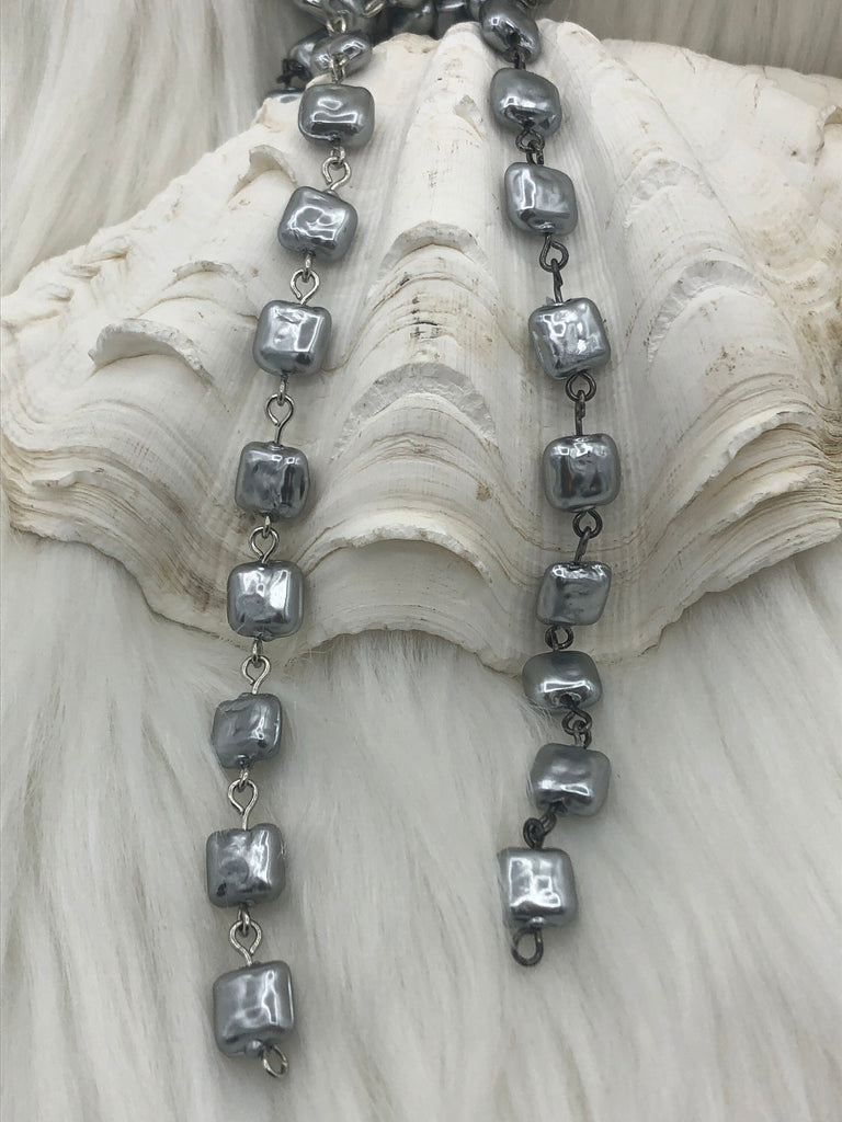 Vintage Porcelain Glass Pearl Freshwater Replica Gray Puff Square Shape Beaded Chain, 8.5mm Rosary Chain, Square Pearl by Foot Fast Ship