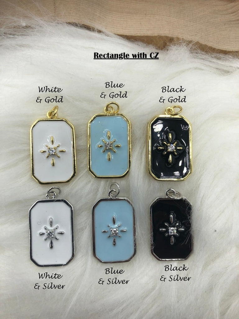 Blue Enamel CZ Micro PAVE Charm Pendant Brass. Silver plating. Star, Heart, Moon, Bee, Compass, Arrow. 11 choices Fast Ship Bling by A