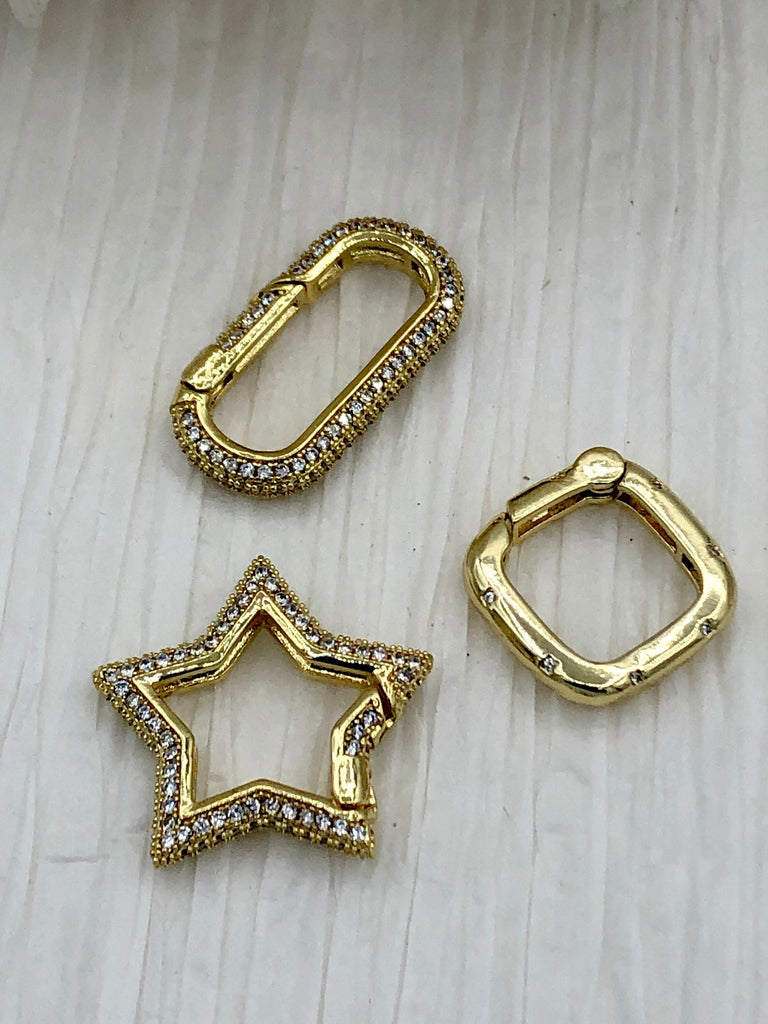 Spring Gate Clasp MICRO PAVE Brass Gold 3 Shapes, Gate Clasp, Push Clasp, Spring Gate Shape. Spring Clasp, Gate Pendant. Fast Ship