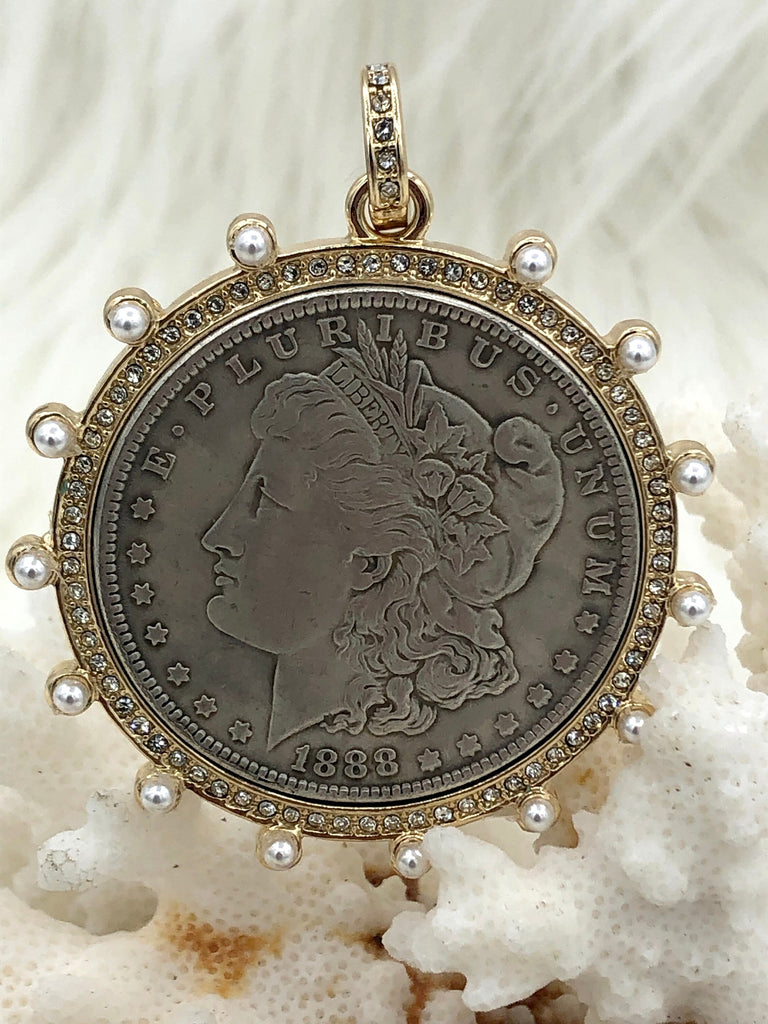 Reproduction Coin Pendant, Morgan Peace Dollar Pendant, Coin Bezel, Vintage Coin Pendant, Bezel with CZ and Pearls. 3 Styles Fast Ship