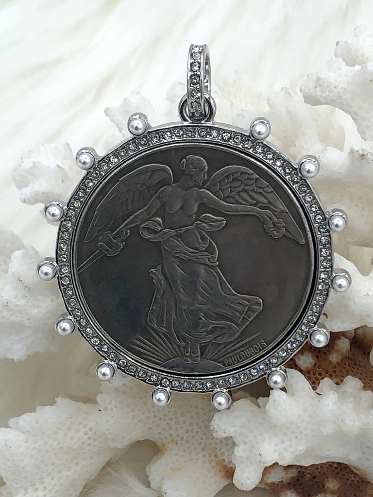 Reproduction French Commemorative Medal Coin Pendant, French coin, Art Deco Coin, Antique Coin Bezel W/Pearl & CZ 2 Styles. Fast Ship