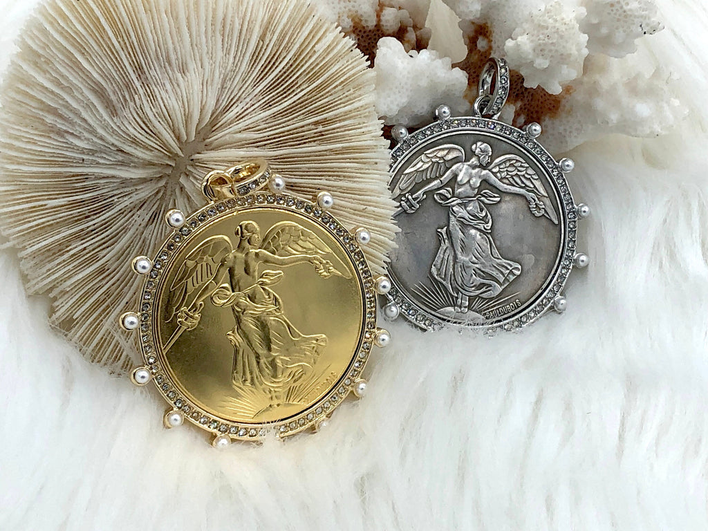 Reproduction French Commemorative Medal Coin Pendant, French coin, Art Deco Coin, Antique Coin Bezel W/Pearl & CZ 2 Styles. Fast Ship