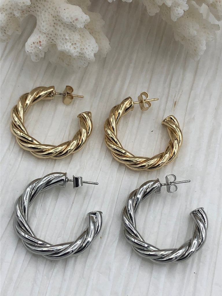 Brass Gold Huggie Hoop Earring, Round Hoop, Bold Hoops, Statement Hoops, Twisted Hoops, 30mmx5mm Gold or Silver Sold as a set. Fast Ship