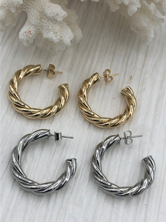 Thick Twist Hoops, Small Bold Hoop Earrings, Statement Silver Hoops Sterling Silver / 20mm