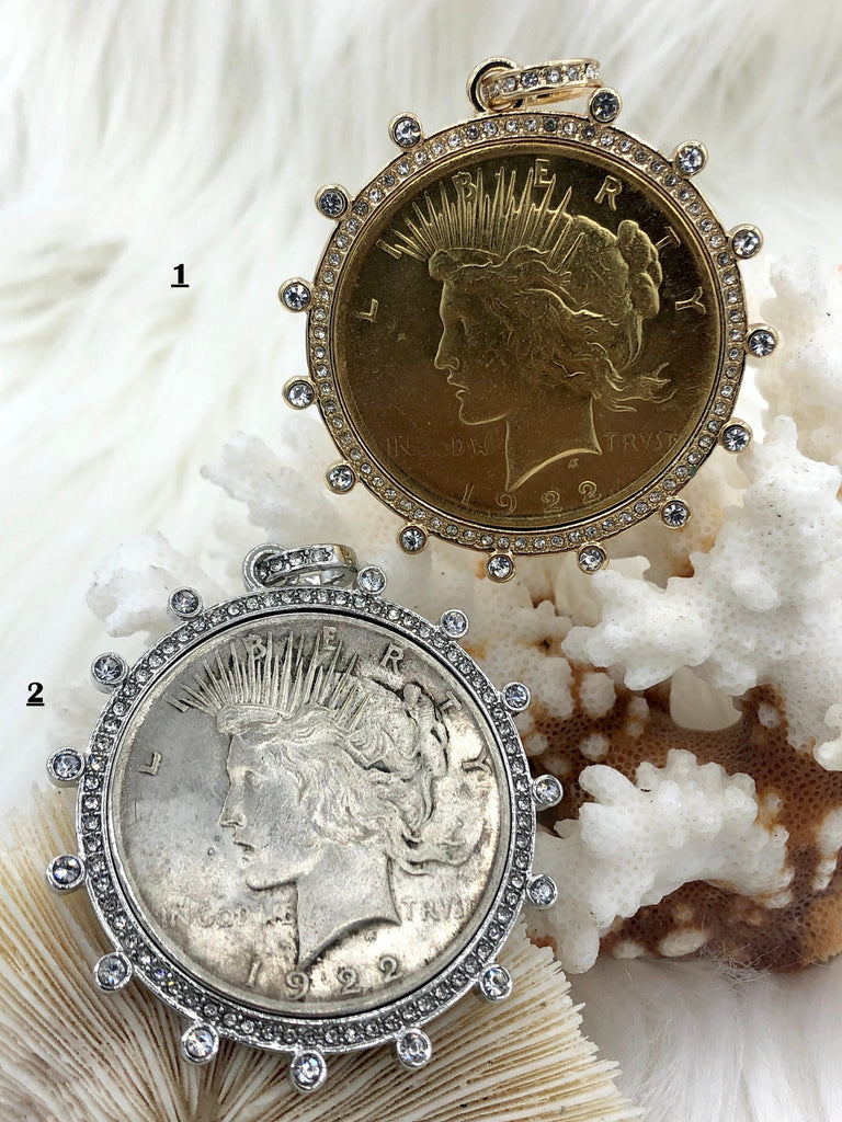 Reproduction Coin Pendant, Liberty Peace Dollar Coin Pendant, Coin Bezel, Vintage Coin Pendant, Coin Bezel CZ . Fast Ship