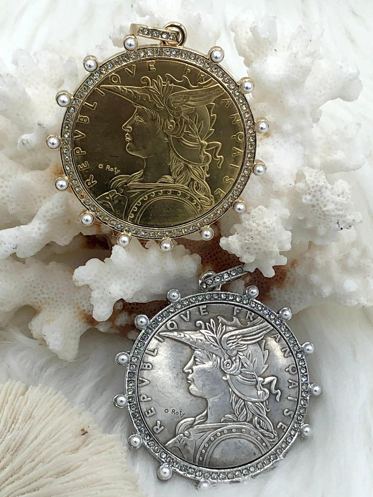 Reproduction French Madagascar Medal Coin Pendant, Coin Bezel, French coin, Art Deco Coin, Antique Coin Bezel W/Pearls & CZ. Fast Ship