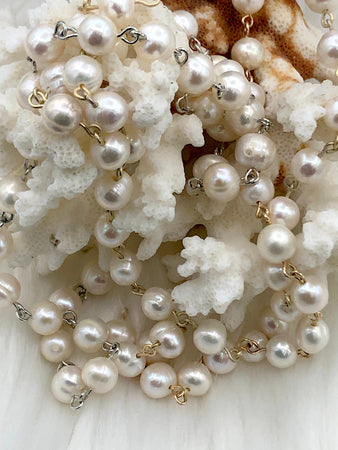 Freshwater AA+ 9mm White Near Round Freshwater Pearl Beaded Rosary Chain, Natural Freshwater Pearl ,Pearl Chain, Pearl,High Luster,Fast Ship