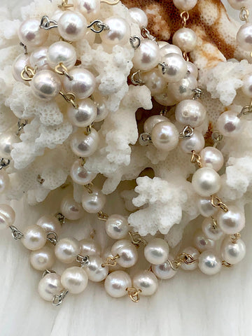 Freshwater AA+ 9mm White Near Round Freshwater Pearl Beaded Rosary Chain, Natural Freshwater Pearl ,Pearl Chain, Pearl,High Luster,Fast Ship