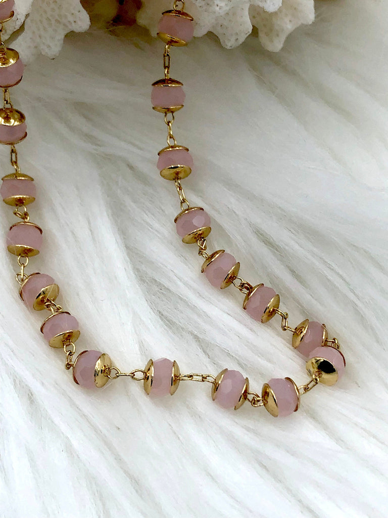 Crystal Round light pink Rosary faceted glass beads Beaded Rosary Chain 5mm With Gold wire and caps, Pale Pink chain by the foot Fast Ship
