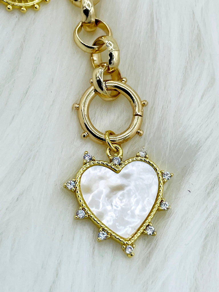 Mother of Pearl Spike Heart CZ Charm, Cubic Zirconia charm, MOP Charms, Brass Mother of Pearl, 4 finishes available, Fast Ship