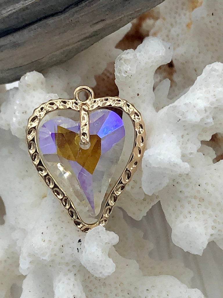 Gold Trimmed Crystals. Drop Crystal Hearts or Shell Shaped Charms and Pendants, 3 Styles/Colors. Fast Shipping