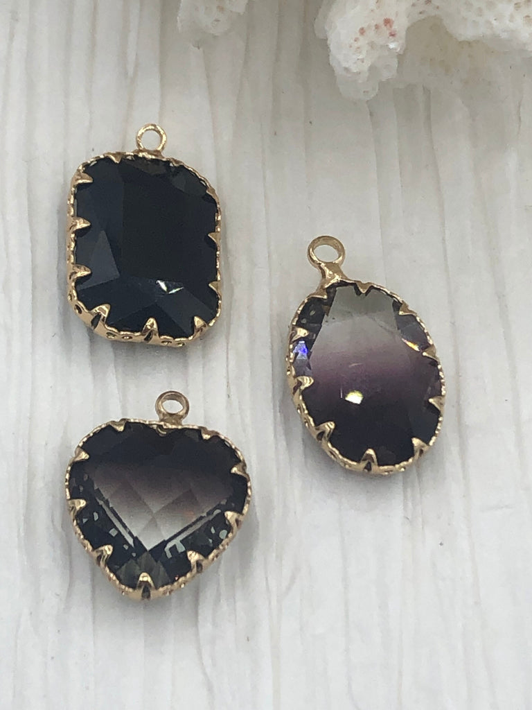 Crystal Gold Pendants and charms. Smokey Heart and Oval Pendant, Black Rectangle Pendant/Charms 3 Shape/Styles Fast Ship